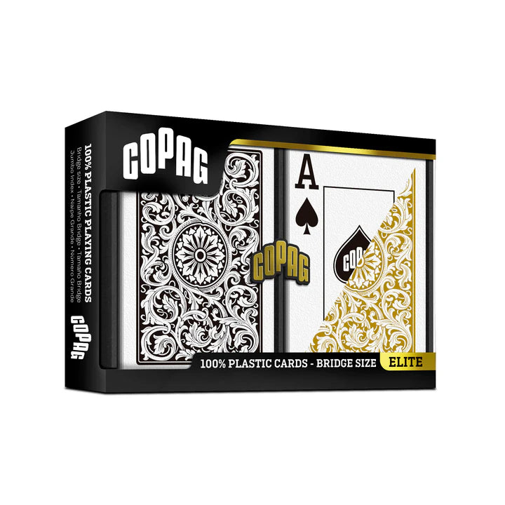 Copag 1546 100% Plastic Playing Cards - Narrow Size (Bridge) Jumbo Index Black/Gold Double Deck Set