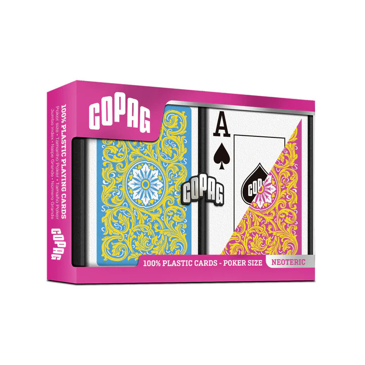 Copag 1546 Neoteric 100% Plastic Playing Cards - Standard Size (Poker) Jumbo Index Yellow/Pink/Blue Double Deck Set