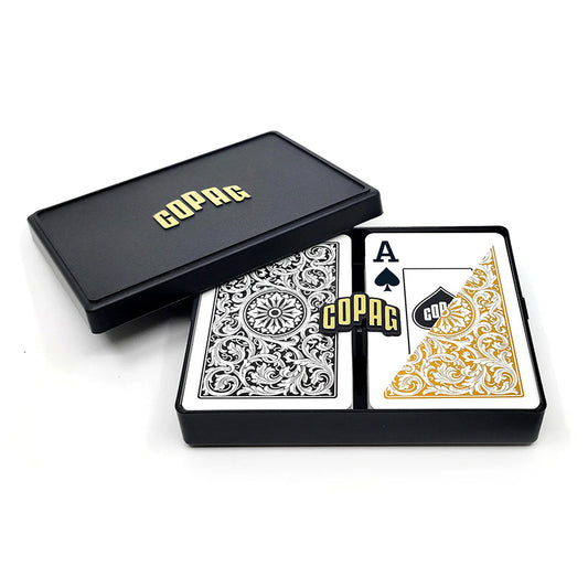 Copag 1546 100% Plastic Playing Cards - Narrow Size (Bridge) Jumbo Index Black/Gold Double Deck Set