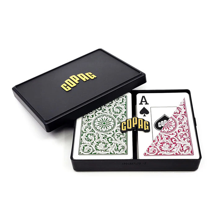 Copag 1546 100% Plastic Playing Cards - Narrow Size (Bridge) Jumbo Index Green/Burgundy Double Deck Set