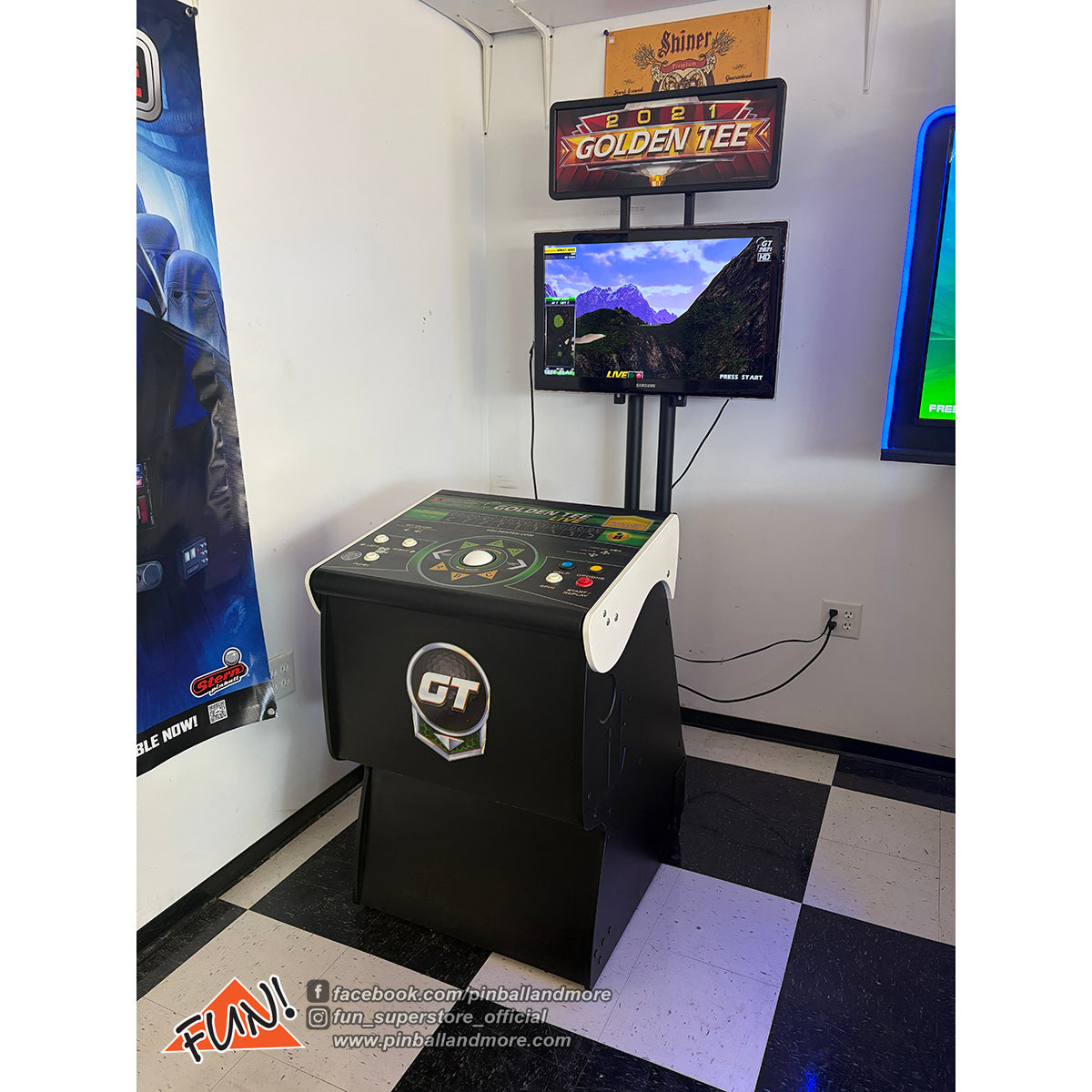 Golden Tee 2021 Home Edition Pedestal Arcade Game w/TV Stand + TV