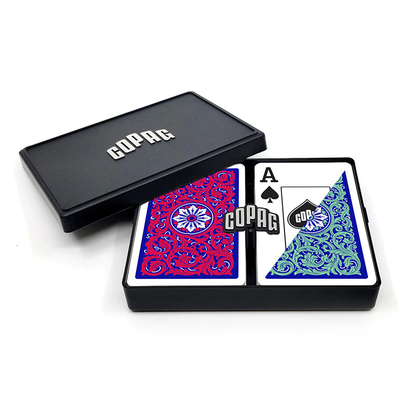 Copag 1546 Neoteric 100% Plastic Playing Cards - Narrow Size (Bridge) Jumbo Index Blue/Red/Green Double Deck Set